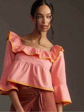 Maeve Square-Neck Ruffle Babydoll 3/4 Bell Sleeve Tie Back Pink Cotton Blouse S